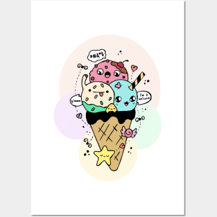 Hand Drawn Illustrations Kawaii Ice Cream Gift Posters and Art